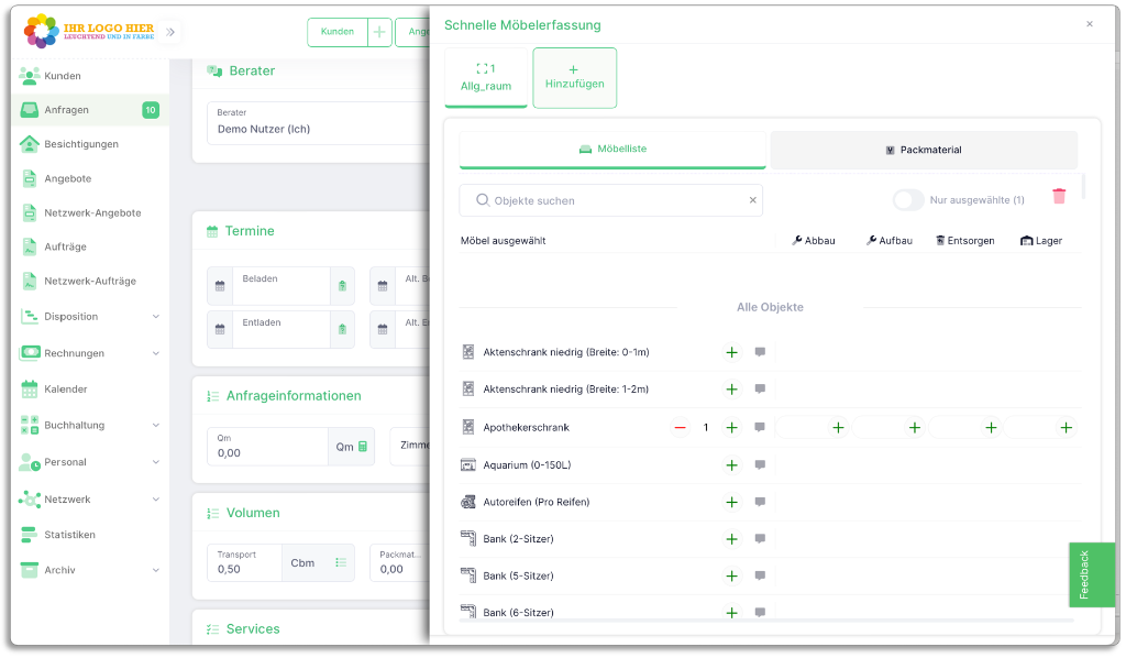 Digitale Möbelliste Kundenansicht